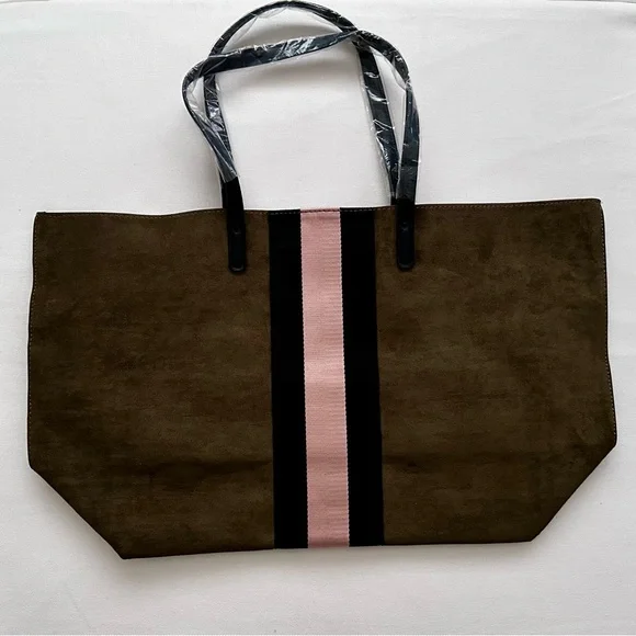 NWOT-Neiman Marcus Olive Green and  Pink Canvas Tote Bag with Minimalist Design - Picture 4 of 7